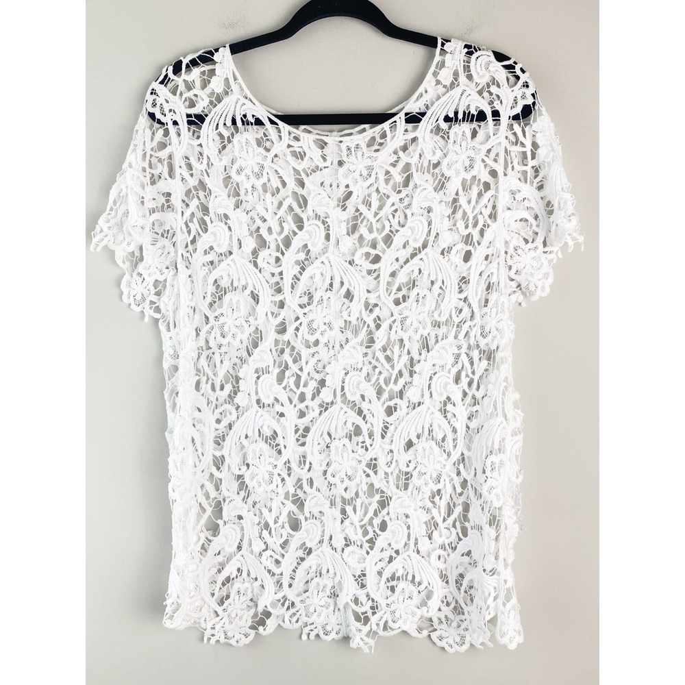 Womens Sheer Crochet Lace Top M/L White Fairy Cottagecore Layering Festival Boho